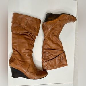 BRONX Wedge High Camel Brown Zip Leather Tall Boots US Sz 6
